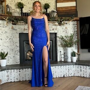 AMARRA. Royal blue Rhinestone Prom Gown with High Slit. Size 6